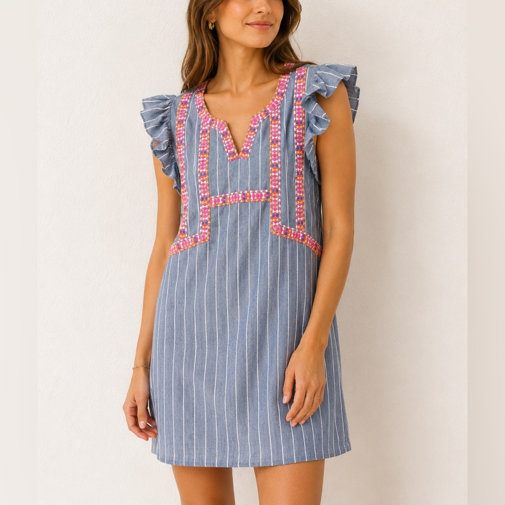 entro‎ Blue Pinstriped Mini Dress with Pink Trim M